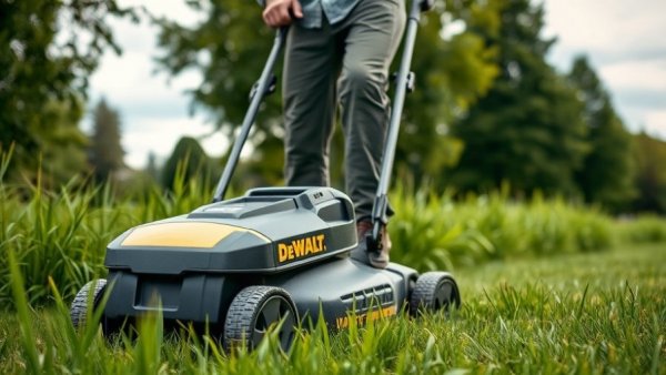 DeWalt battery lawn mower being used in a park during a sale.