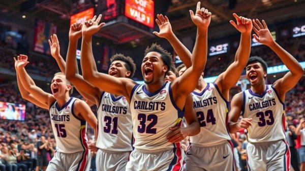 Intense celebration of college basketball players during March Madness 2026.