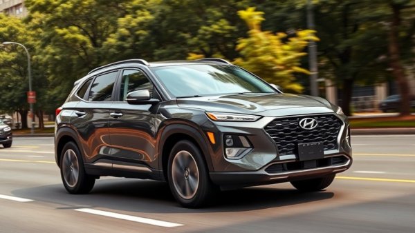 Hyundai SUV in motion under lush green trees.