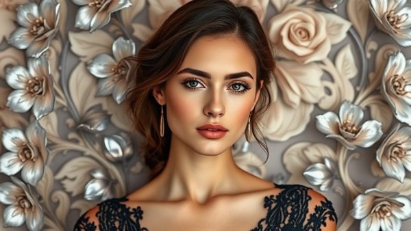 Elegant woman with soft expression and black lace dress, Hailey Bieber daily beauty routine style.