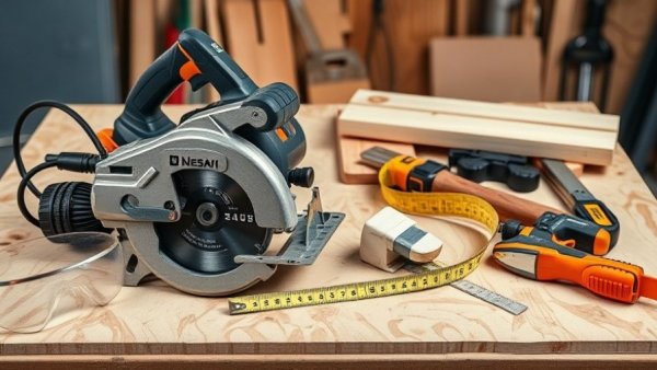 Woodworking tools on plywood for cutting accurately, including a circular saw.