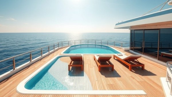 Luxurious Four Seasons Yachts pool deck with loungers overlooking the sea