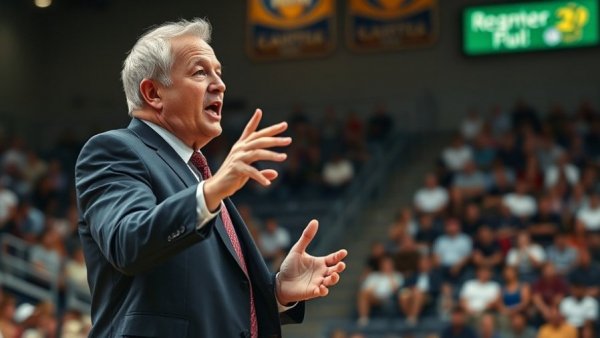 Passionate basketball coach gesturing in a stadium