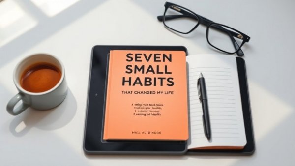 Tablet with eBook 'Seven Small Easy Habits' cover next to coffee.