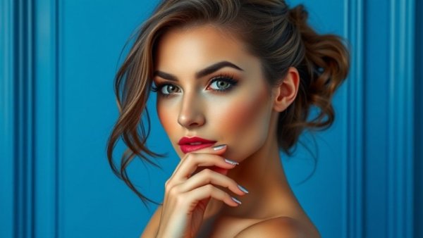 Stylish woman with metallic ombré manicure against blue backdrop.