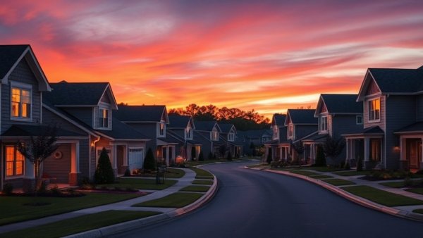 Modern suburban homes in North Carolina at dusk, illustrating property tax reform context.