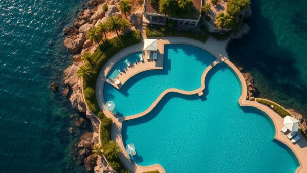JW Marriott Crete Resort aerial view of pool and coastline.