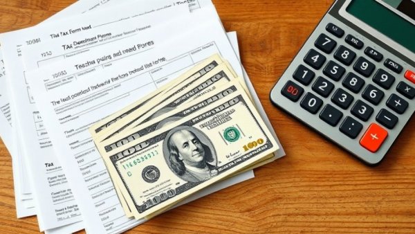Tax forms with money and calculator on a table.