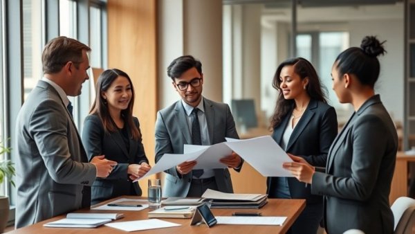 Professionals discussing buy rate markup in a modern office.