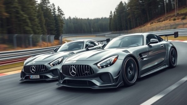 Mercedes-AMG GT3 race cars in action on a curvy track.