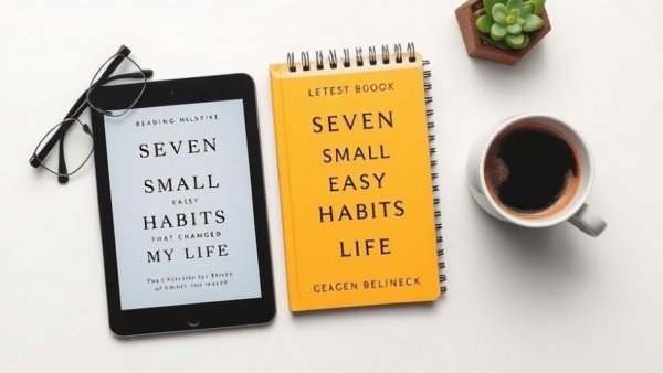 Tablet showing a book cover with glasses and coffee on a white background.