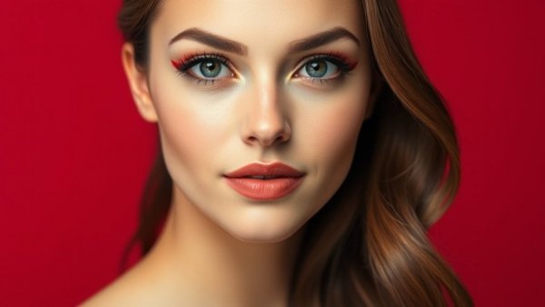 Young woman with stylish hair and subtle red eyeliner on a red background.