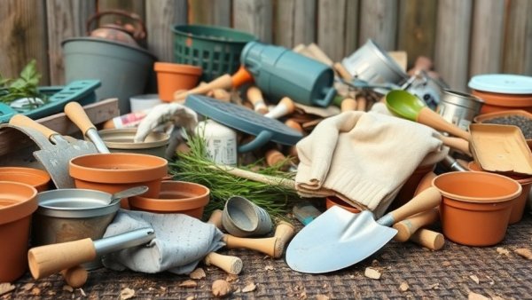 Scattered gardening supplies including a shovel, pots, and cloth in an outdoor space.