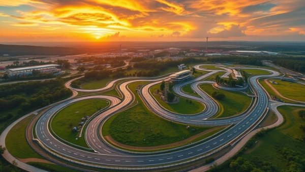 Aerial view of an electric race track at sunset showcasing the future of racing.