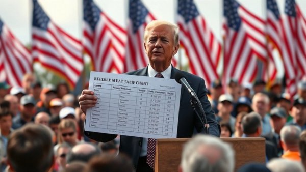 Politician discusses tariffs impact on US manufacturing in front of flags.