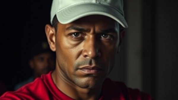 Serious man in white cap and red shirt, Tiger Woods stepping away from golf, moody lighting.