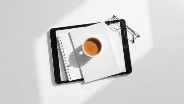 Minimalist book cover on tablet with coffee and glasses