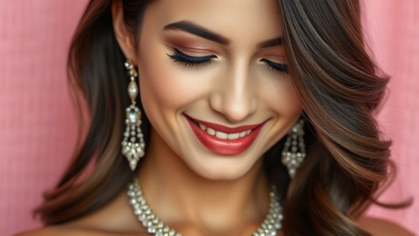 Anne Hathaway in red outfit with French manicure, smiling.