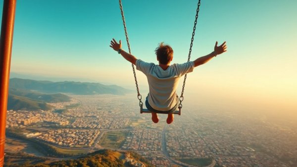 Youth on a swing, overlooking a scenic cityscape and hills, alive with thrill.