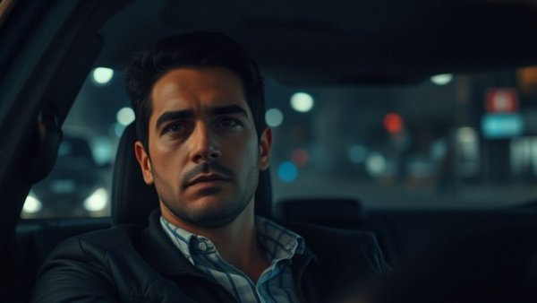 Somber man in car at night during arrest situation.