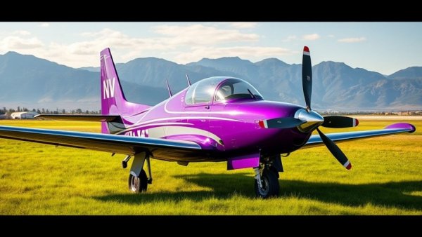 Purple RV-10 aircraft parked with mountains in the background.