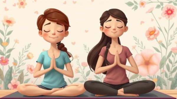 Animated scene of teaching yoga to children, adult and child practicing together.