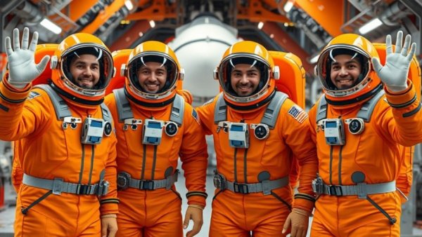 NASA Artemis II mission astronauts in orange suits preparing, pre-launch event.