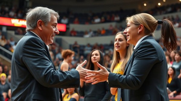 Intense coaching scene during women's basketball game, highlighting competitive rivalry.