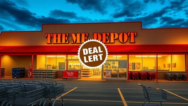 Home Depot storefront at twilight with discount alert badge.