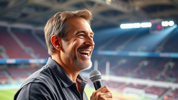 Smiling man with microphone in sports arena, UNC hires new coach.