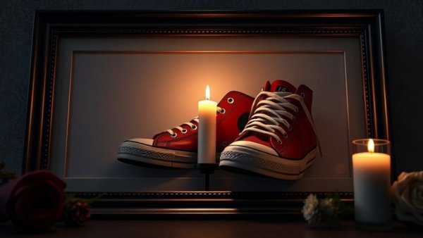 Memorial photo with baseball gear, tribute in a solemn setting.