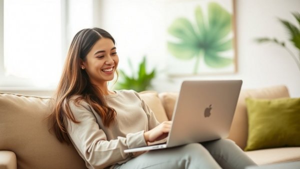 Woman using laptop on couch in relaxed setting, TurboTax on Claude and ChatGPT