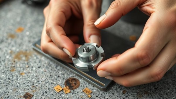Hands inspecting a router bit for cleaning.