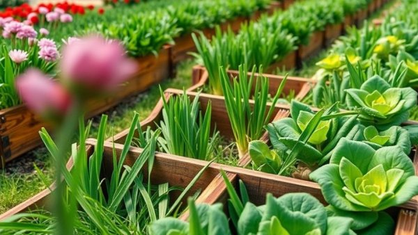 Lush vegetable garden layout with organized green plants and wooden beds