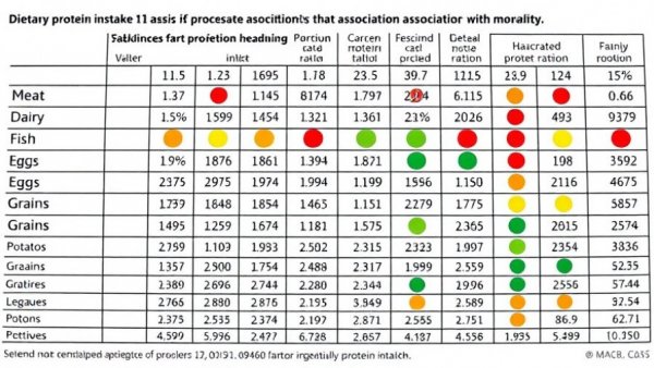 Scientific table on dietary protein intake associations with mortality risks.
