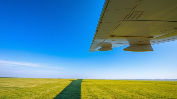 Airplane wing over open fields under blue sky, showing travel perspective.