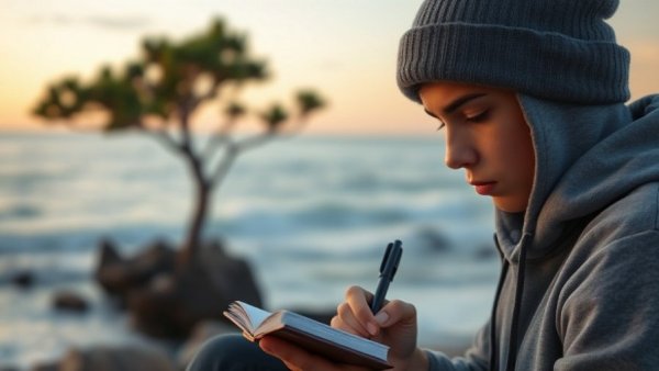 Young person writing haikus by the ocean for mental health.