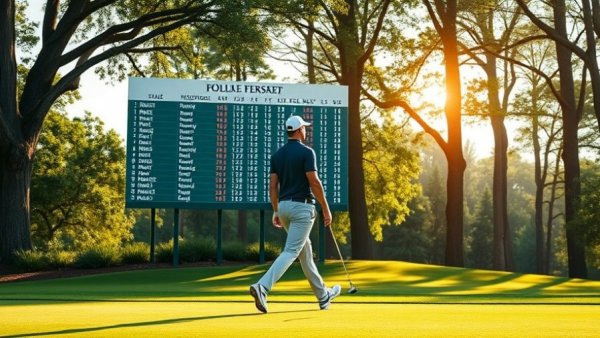 Golfer at Augusta National with leaderboard in vibrant morning light.
