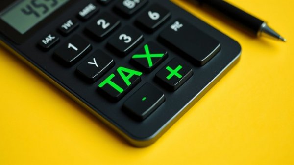 Calculator and pen on yellow background for 'who pays federal income taxes' concept