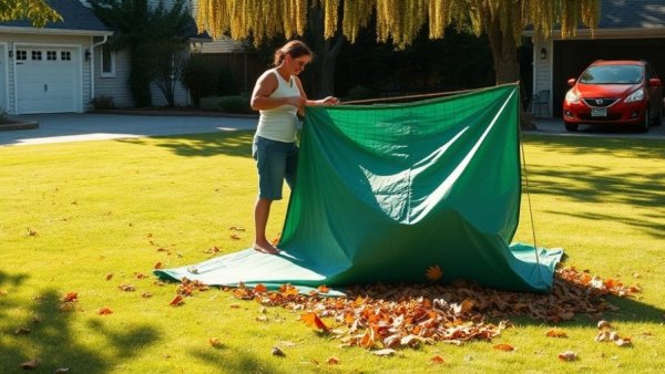 Creative use of a tarp for leaf collection on a sunny lawn.