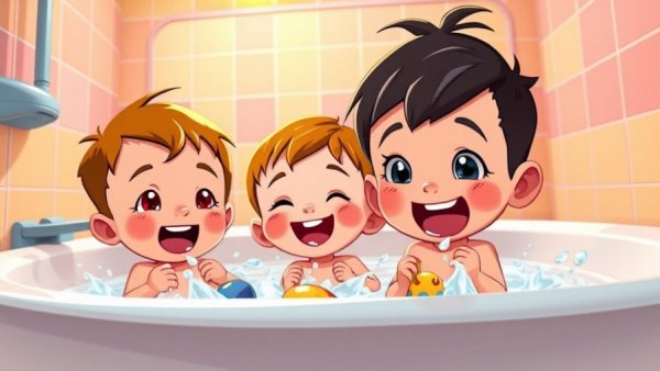 Raising Happy Children: Cartoon kids playing in a bubbly bath.