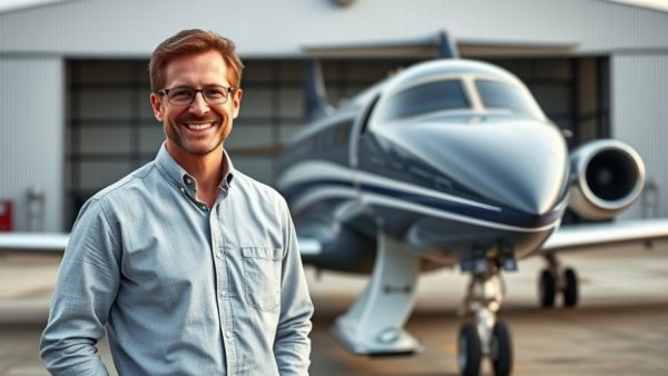 Confident man beside a sleek private jet, buying private aircraft