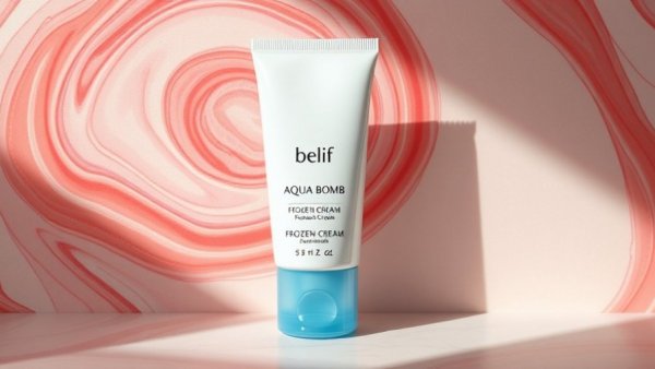 Belif Aqua Bomb Frozen Cream Review on swirled red background.