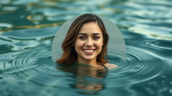 Meditation for self-acceptance design with water texture and smiling woman.