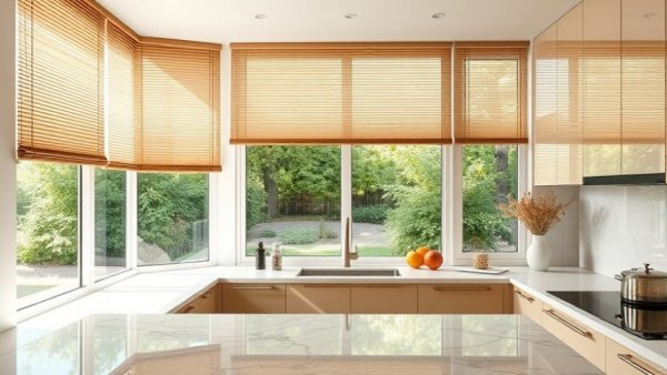 Modern kitchen with brown blinds showcasing garden view, Blinds.com Spring Black Friday Sale.