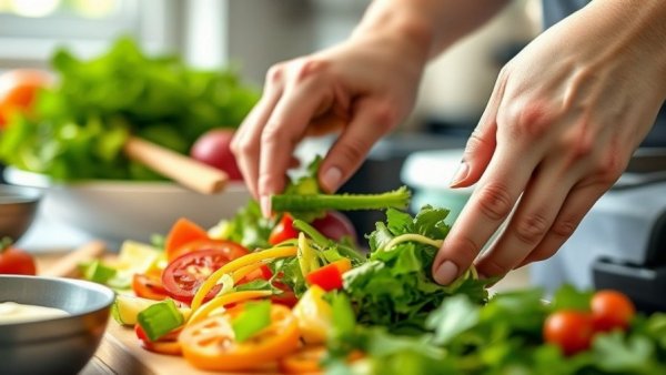 Close-up hands preparing a salad to boost your life expectancy.