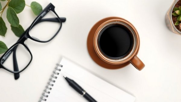 Flat lay with coffee, glasses, and notebook on habits book cover.