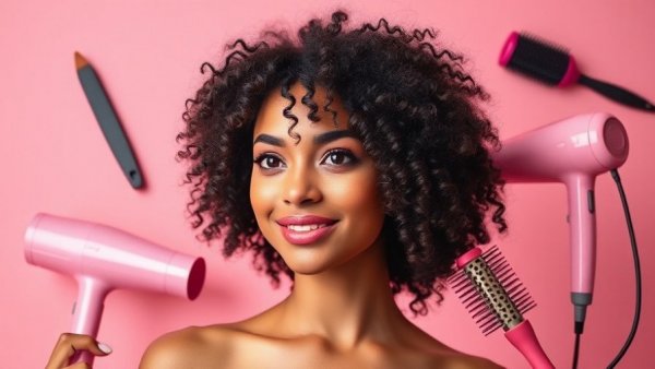 Woman with curly hair and hair tools, featuring best blow-dryers for curly hair.