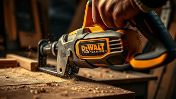 Free DeWalt battery offer with tool cutting wood in workshop.