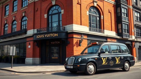Louis Vuitton Pop-Up Hotel in London with branded taxi in front.
